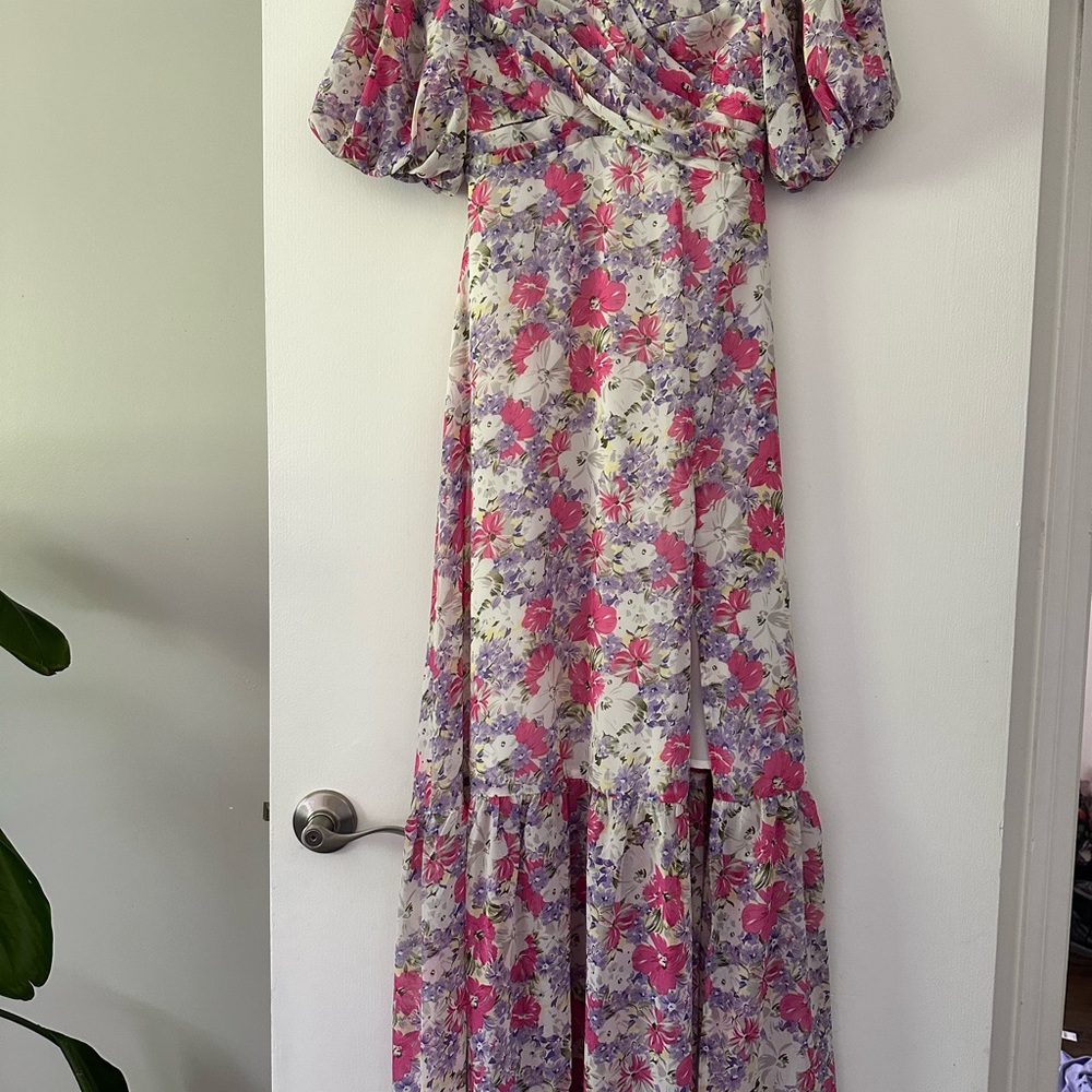 Astr Pink and Purple Ruffled Maxi Dress with Puff Sleeves.